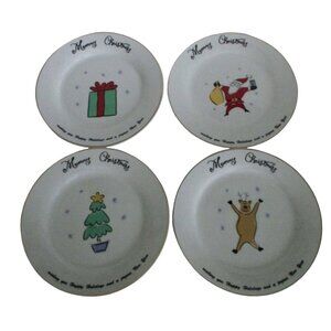 4 Merry Brite Merry Christmas Salad Dessert Plates - Santa Reindeer Gift Tree  -
